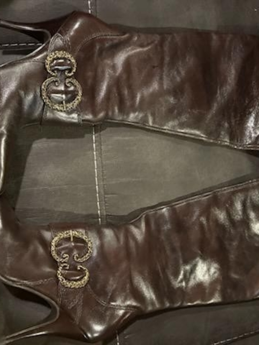 Nine West Brown Leather Over-the-Knee Boots with Embellished Buckles